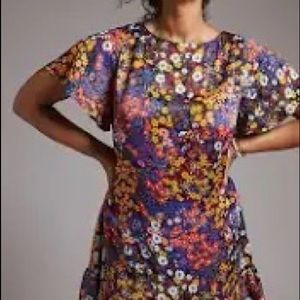 NEW Anthropologie Floral Satin Mini Dress Ruffled Size 14 Multicolor